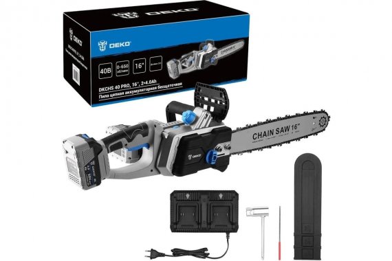 Фотография товара 'Deko 083-2002 Пила цепная аккумуляторная бесщеточная 16", 2х20В, 2x4.0Ач, двойное з/у'
