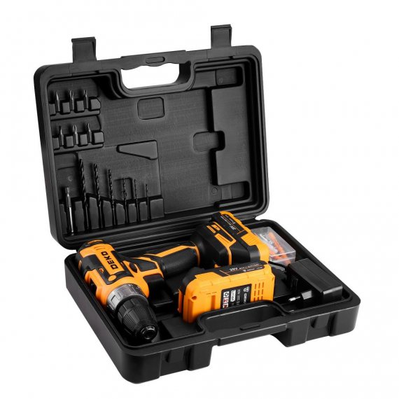 Фотография товара 'Deko 083-1040 Аккумуляторная дрель-шуруповерт + набор 63 инструмента для дома, 20В, 2х2.0'