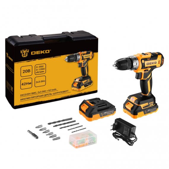 Фотография товара 'Deko 080-1009 Аккумуляторная дрель-шуруповерт 63 инструмента для дома, 20В, 2х3.0'