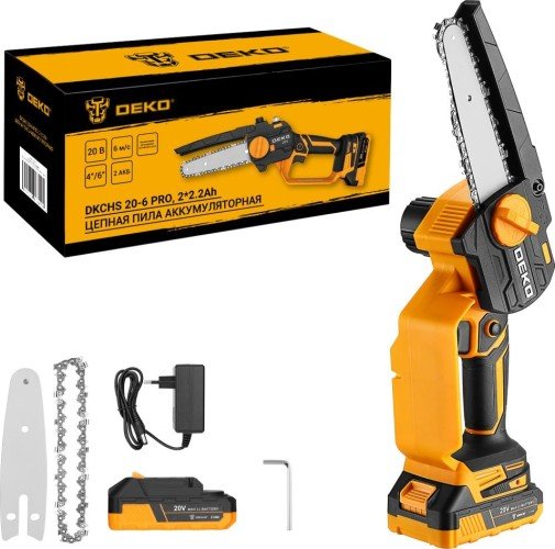 Фотография товара 'Deko 083-2011 Пила цепная аккумуляторная 4" и 6", 20В, 2x2.2Ач, 2 шины и 2 цепи'