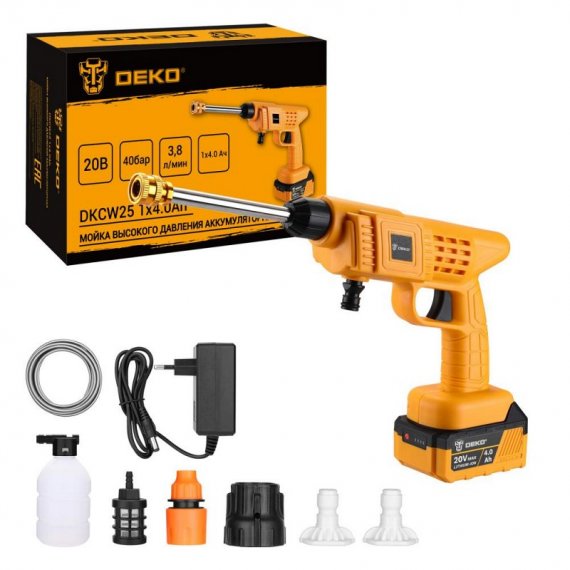 Фотография товара 'Deko 063-4490 Мойка высокого давления аккумуляторная DKCW25, 40 бар, 1x4.0Ач'