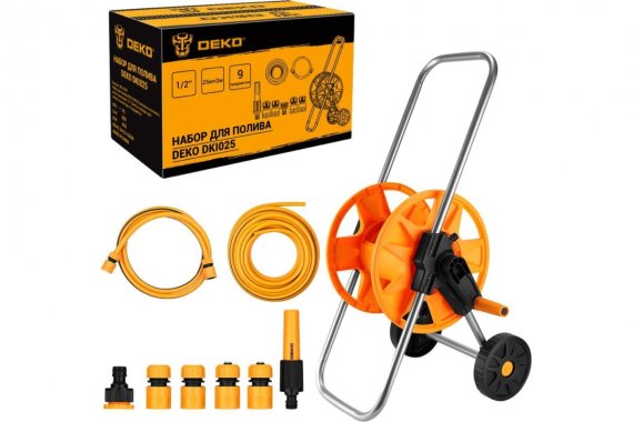 Фотография товара 'Deko 065-0463 Набор для полива DKI025: катушка на колесах, шланг усиленный 1/2" 25м+2м, насадка для полива, коннекторы'